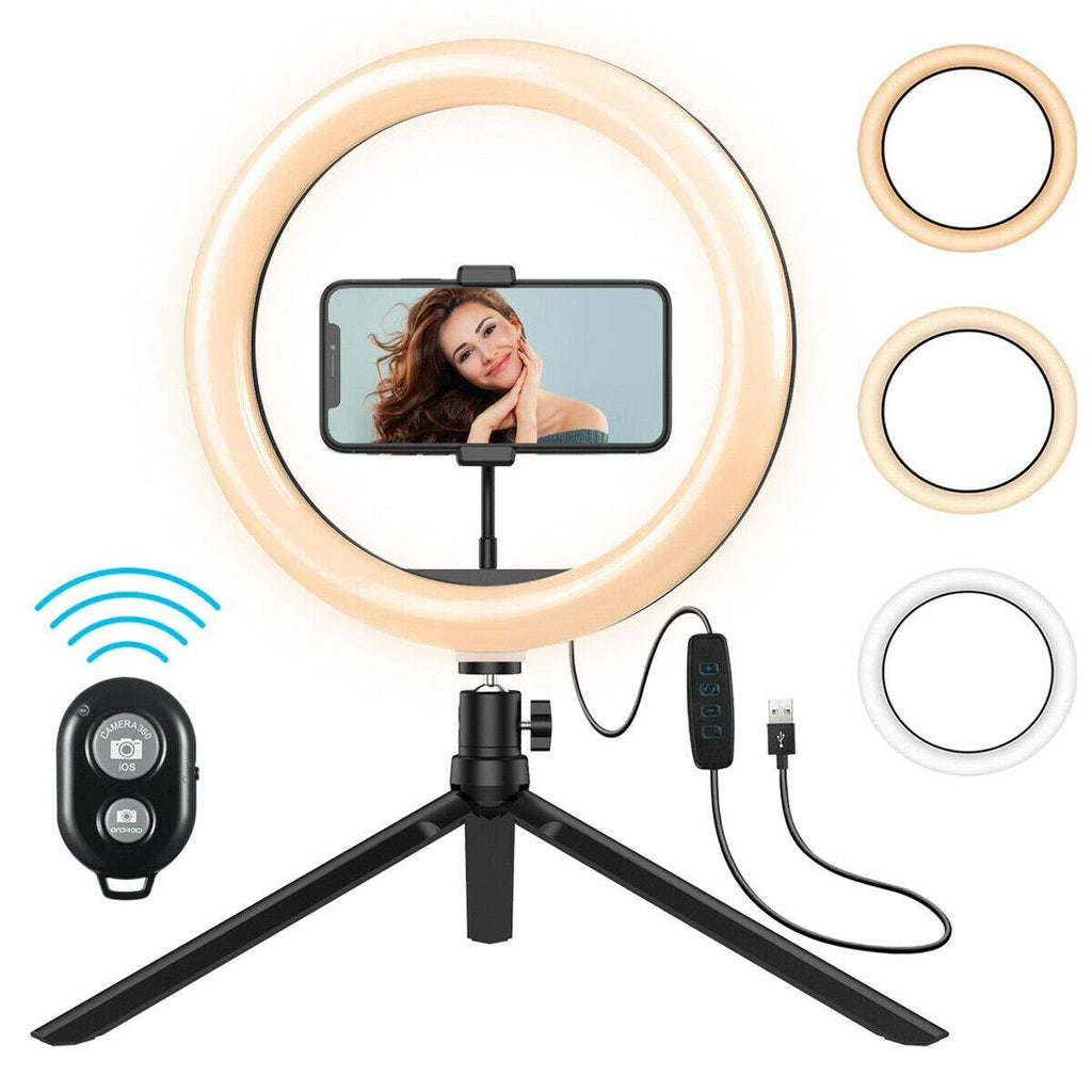 10" LED Ring Light with Tripod Stand & Phone Holder for YouTube Video, Live Streaming, Makeup,Photography, Shooting with 3 Light Modes & 10 Brightness Level Dimmable Tabletop Led Ring Light for Live