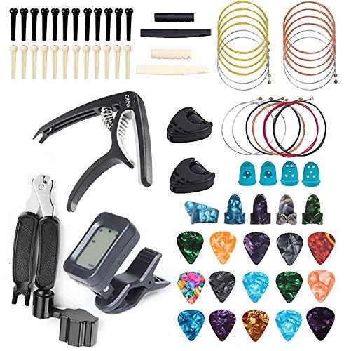 FethFire 75 PCS Guitar Accessories Kit Including Guitar Picks,Tuner,Capo,3 in 1String Winder,Acoustic Guitar Strings,Bridge Pins,Pick Holder,6 String Bone Bridge Saddle and Nut,Finger Picks for Beginn
