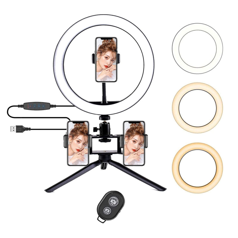 FilmHoo 10" Selfie Ring Light with Tripod Stand Adjustable & 3 Cell Phone Holders, Dimmable LED Camera Beauty Ringlight, 3 Light Modes and 10 Brightness Levels for Live Stream, Makeup,YouTube Video Black