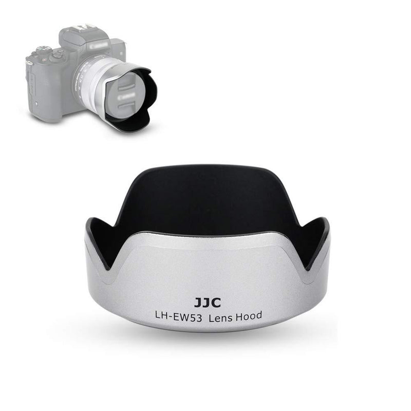 JJC Lens Hood Shade for Canon EF-M 15-45mm f/3.5-6.3 is STM Lens on Canon EOS M50 Mark II M50 M5 M6 Mark II M200 M100 M10 Replace Canon EW-53 Hood -Silver Silver