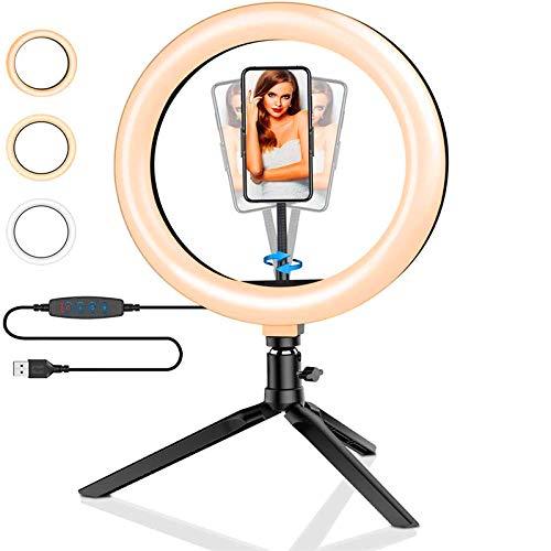 10”LED Selfie Ring Light/Desktop Led Camera Ring Light/Circle LED Light for Live Stream/Makeup/Photography/YouTube Video/Video conferencing/Video Recording, with 3 Lighting Colors and 10 Brightness