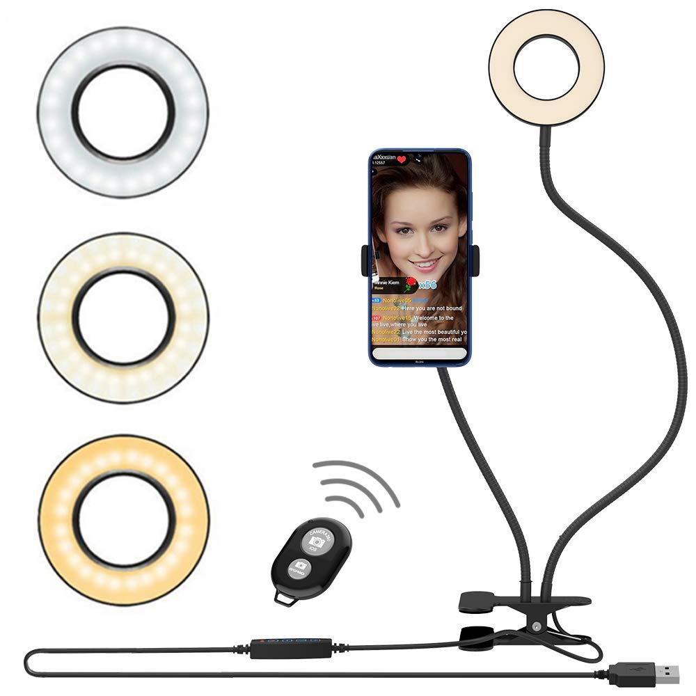 Hianjoo Selfie Ring Light with Phone Holder Universal LED Camera Light Dimmable for Live Streaming Ins YouTube Video Facebook Podcast Makeup Clamp on Flexible Lazy Bracket with Bluetooth Remote