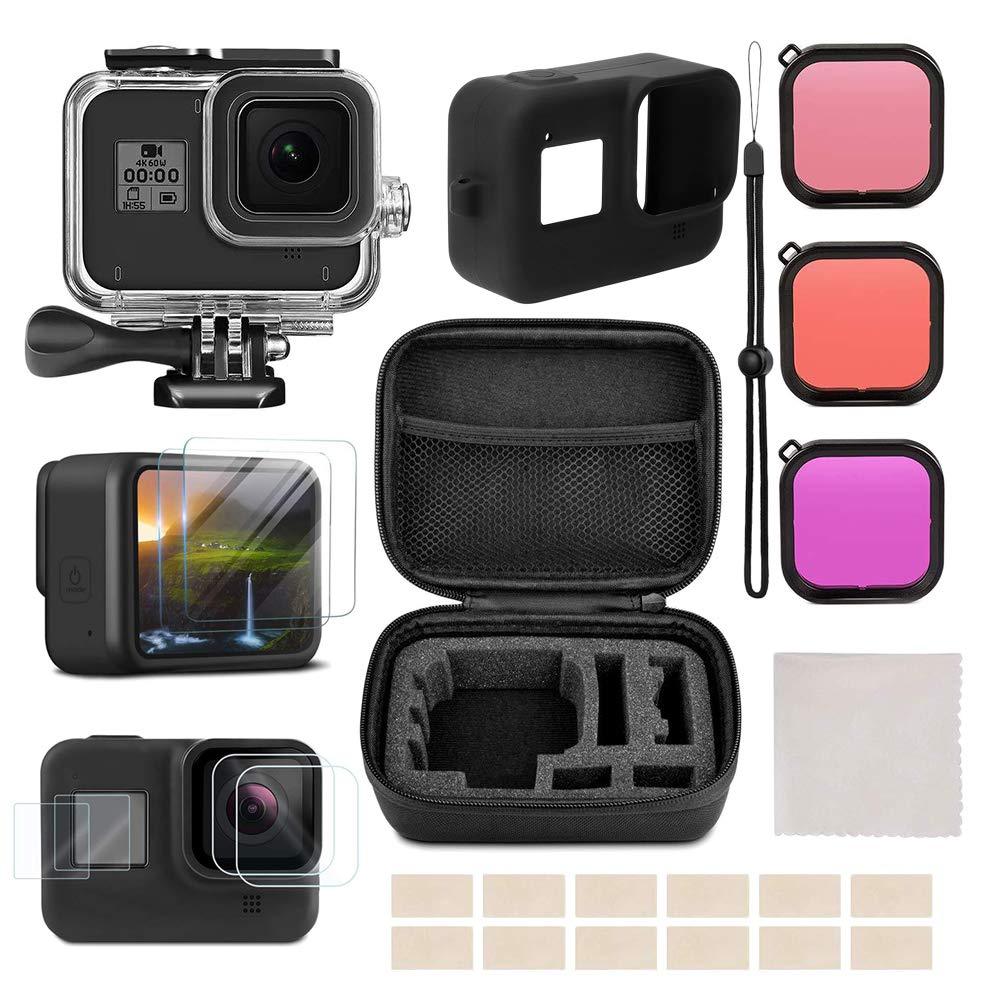 Accessories Kit for GoPro Hero 8 Black Bundle VARIPOWDER with Waterproof Housing Case+Shockproof Carrying Case+Protective Housing+Tempered Glass Screen Protector+Lens Filters+Anti-Fog Inserts