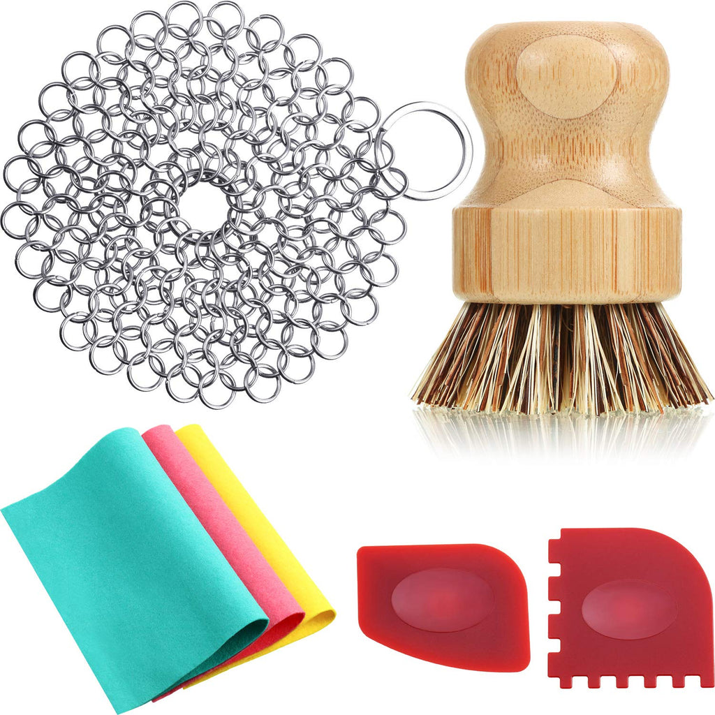 7 Pieces Cast Iron Cleaner Kit Includes Stainless Steel Chainmail Scrubber with Bamboo Dish Scrub Brush, 2 Pan Scrapers and 3 Dish Clothes for Kitchen Cutlery Brush Cleaning