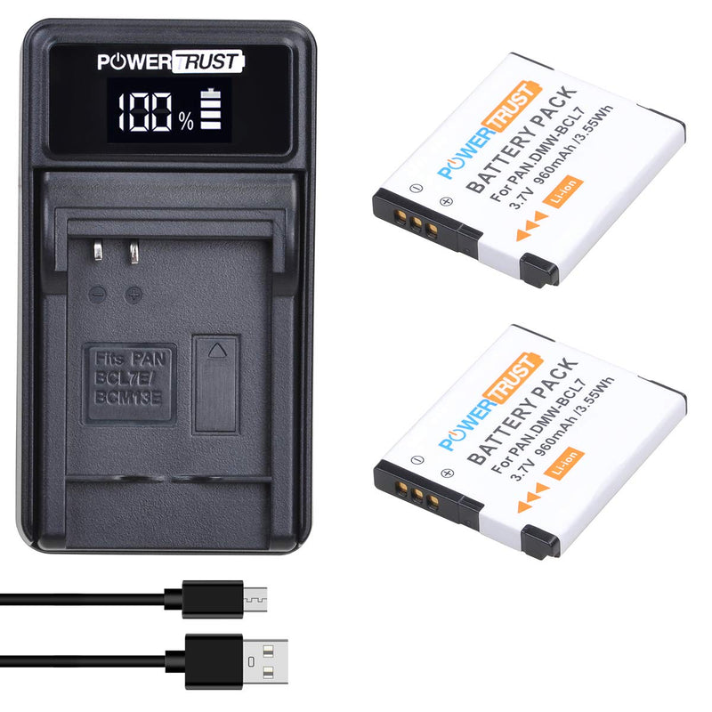 PowerTrust 2Pcs DMW-BCL7 BCL7 BCL7E Battery and LED USB Charger for Panasonic Lumix DMC-F5 DMC-FH10 DMC-FS50 DMC-SZ10 DMC-SZ9 SZ8 SZ3 SZ9 XS1 XS3 Camera