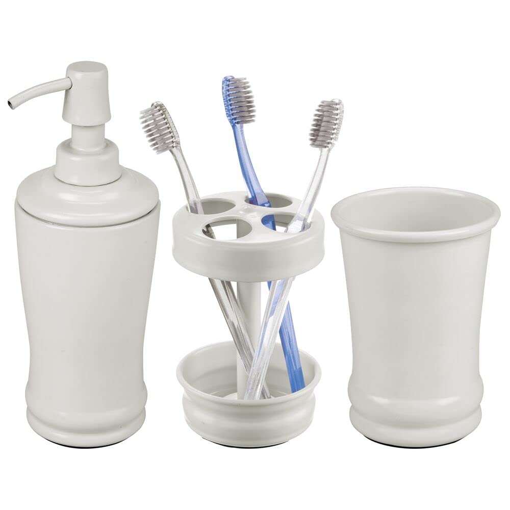 mDesign Metal Bathroom Vanity Countertop Accessory Set - Includes Refillable Soap Dispenser, Divided Toothbrush Stand, Tumbler Rinsing Cup - 3 Pieces - Light Gray