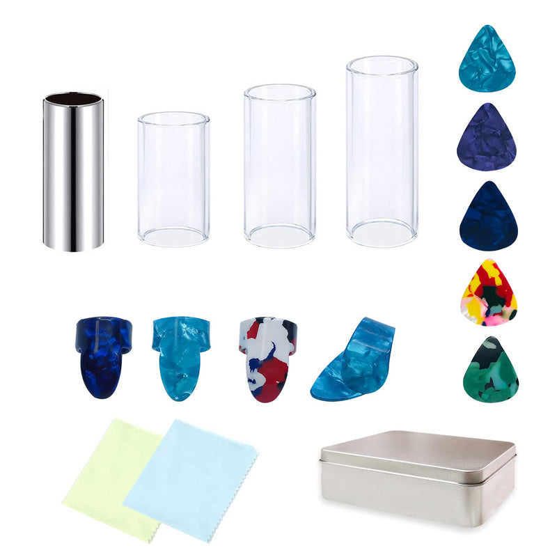 FANGULU 13PCS Guitar Slide Set, Stainless Steel Slide×1PCS, Glass Slide×3PCS, Guitar Picks×5PCS, Finger Picks×4PCS