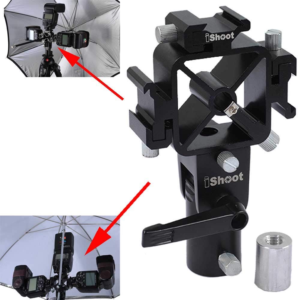 Universal 3-in-1 Tri-Hot Shoe Mount Flash Bracket Holder with 2 Umbrella Hole for Light Stand Camera Tripod Reflective Umbrella Studio Flash Soft Box Speedlite Diffuser