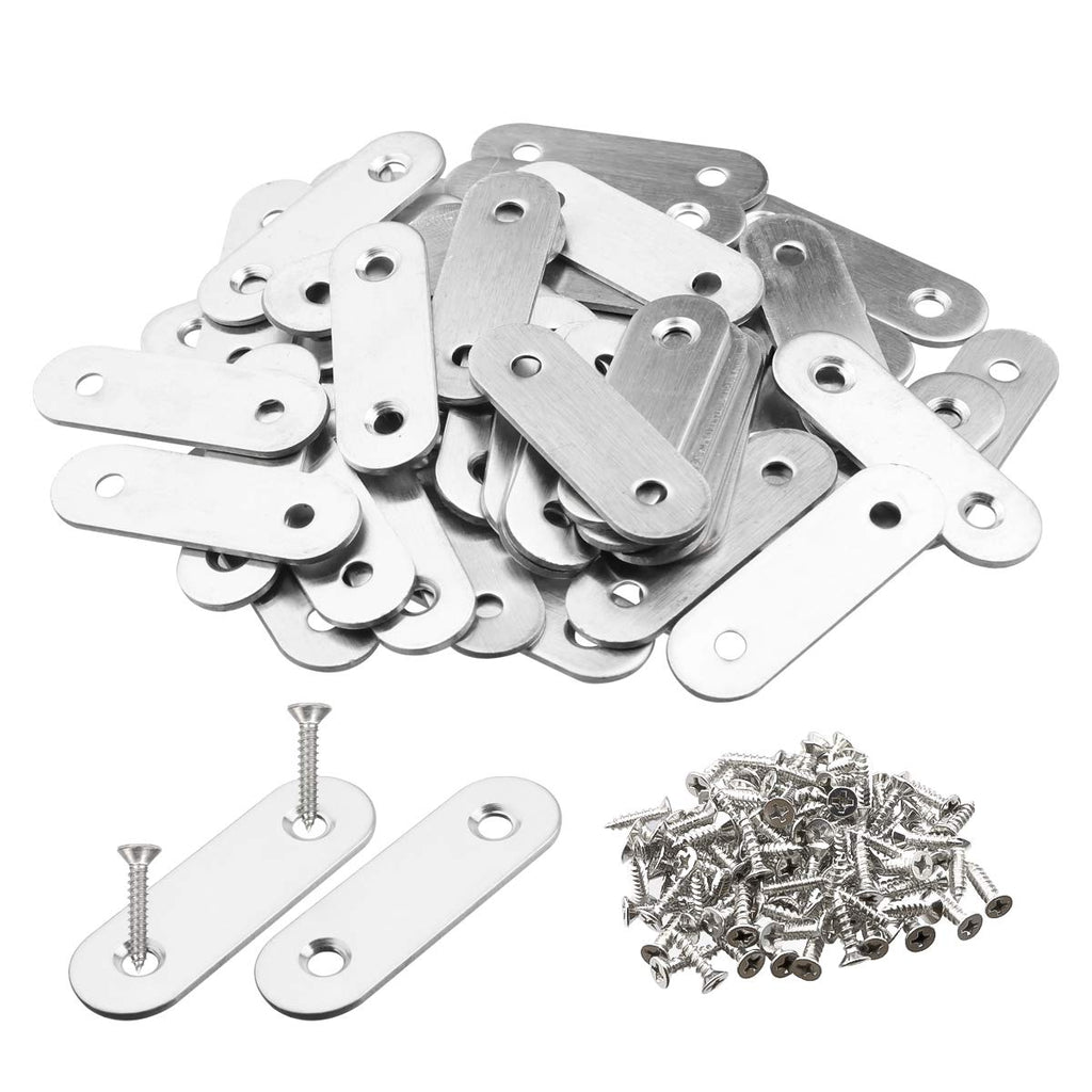 TOPPROS Pack of 50 Flat Corner Brace Plates Metal Joining Plates Connector Repair Bracket with Fixing Screws,2 inchx0.6x0.08 inch, 2 Holes,Stainless Steel, Silver Color