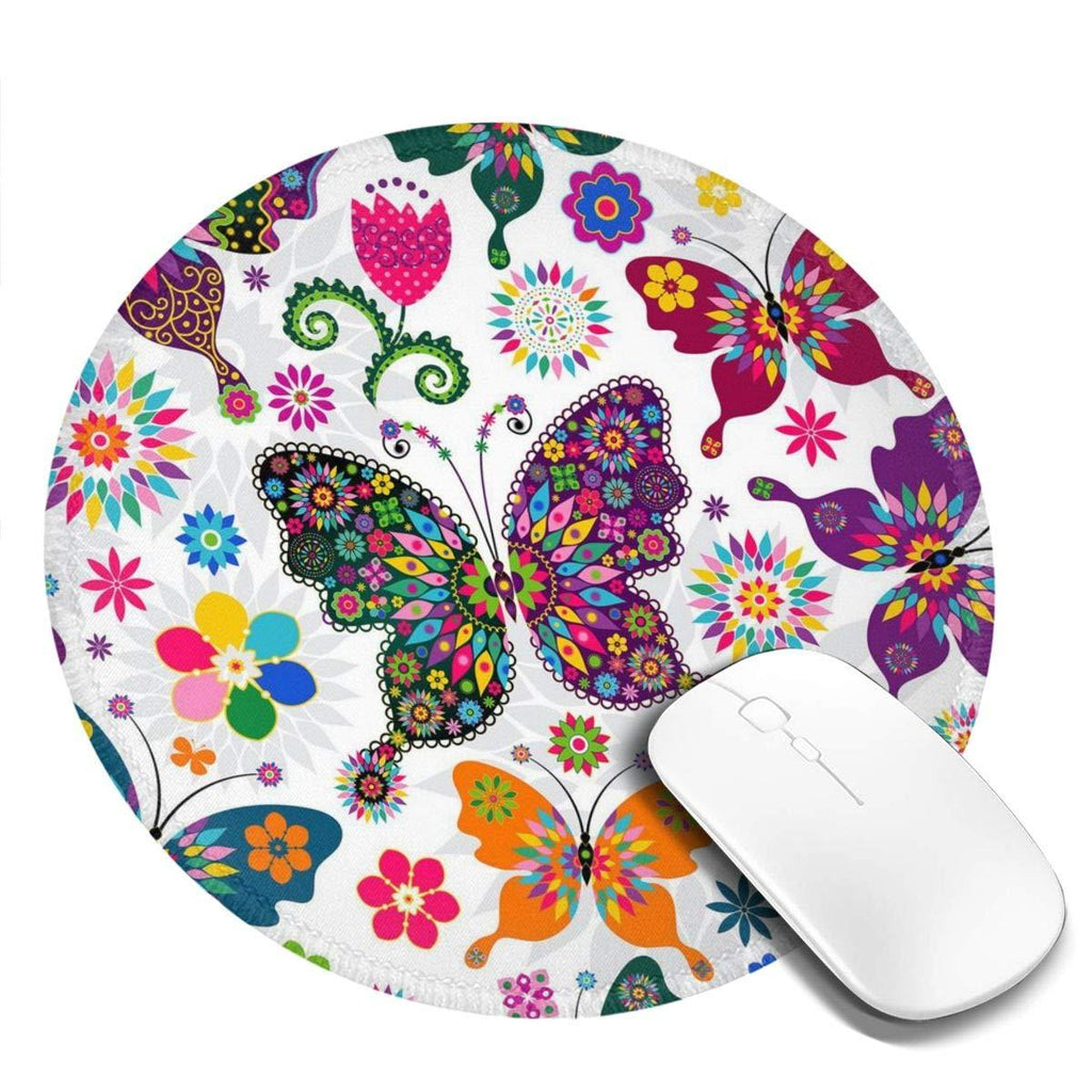 MSGUIDE Colorful Butterfly and Flower Round Mouse Pad, Waterproof Non-Slip Rubber Base Mousepad with Stitched Edge Mouse Mat for Laptop Computer Pc Office, 7.9 x 7.9 x 0.1 Inch