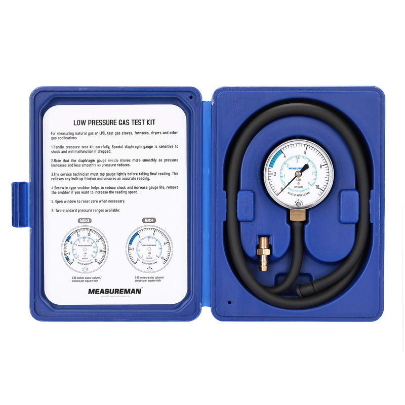 MEASUREMAN Natural Gas or LP Gas Manifold Pressure Test Kit, 0-10"W.C, 1/4"NPT, 40" Length Hose 0-10inH2O Pressure Test Kit