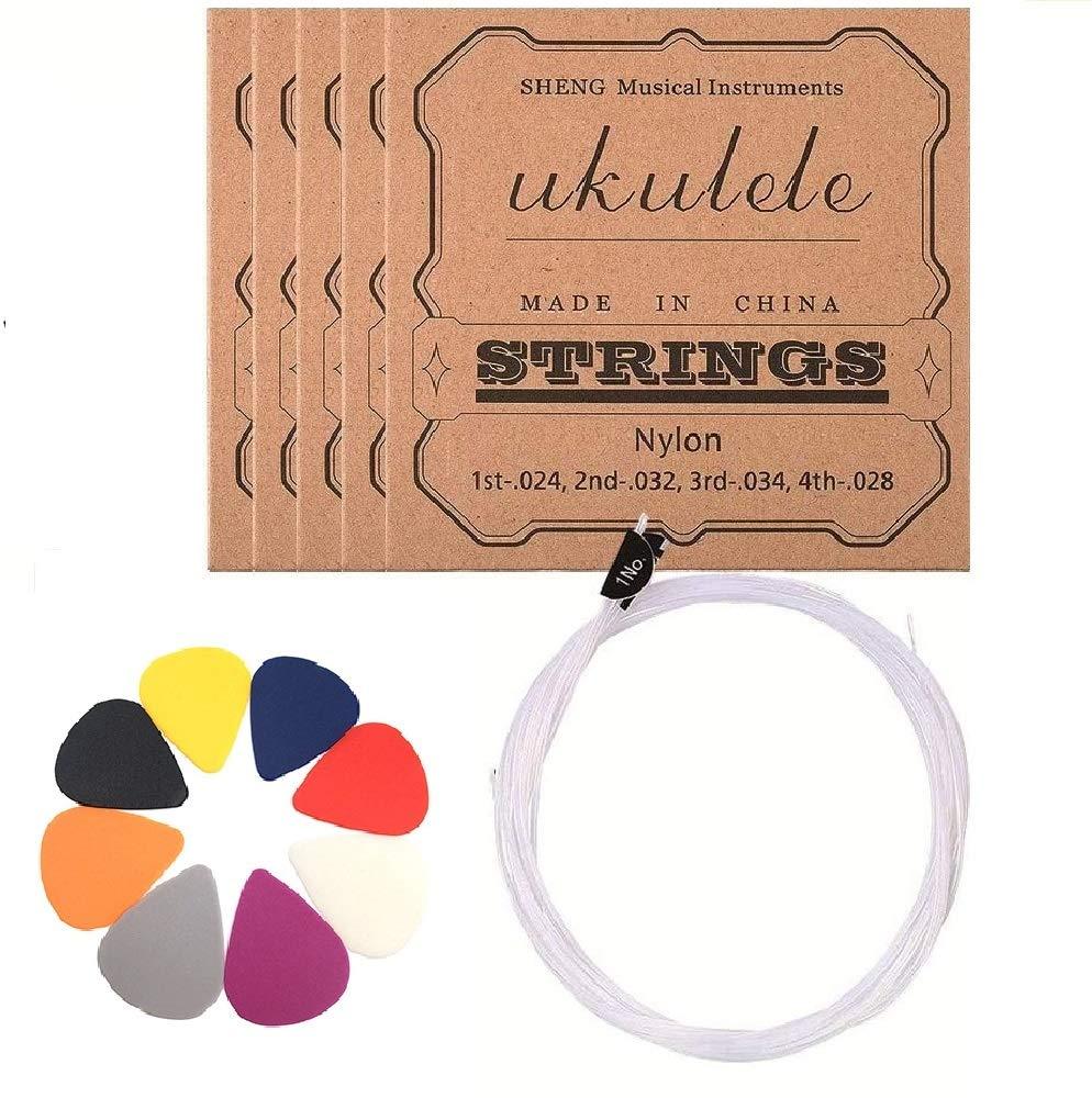 Ukulele Strings, 5 Sets of Nylon Ukulele Strings, String Winder for Soprano (21 Inch) Concert (23 Inch) Tenor (26 Inch) Ukulele with 8 Picks