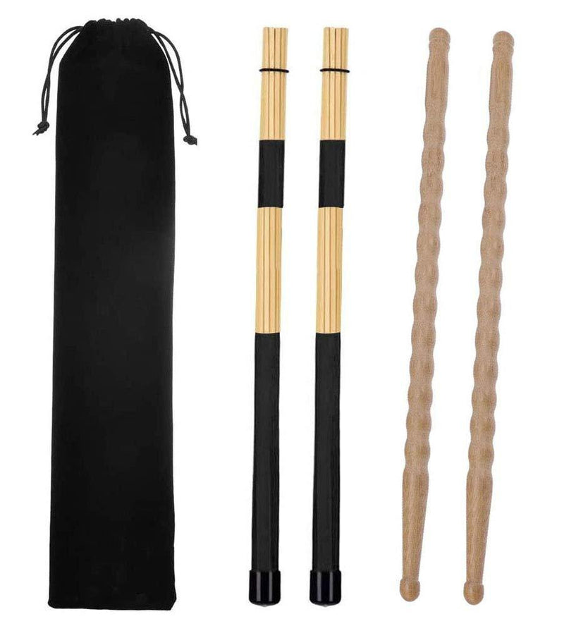 Liyafy Total 2 Pairs Bamboo Drums Sticks + Drum Brushes Set Jazz Folk Drumsticks Drum Accessories with Portable Storage Bag