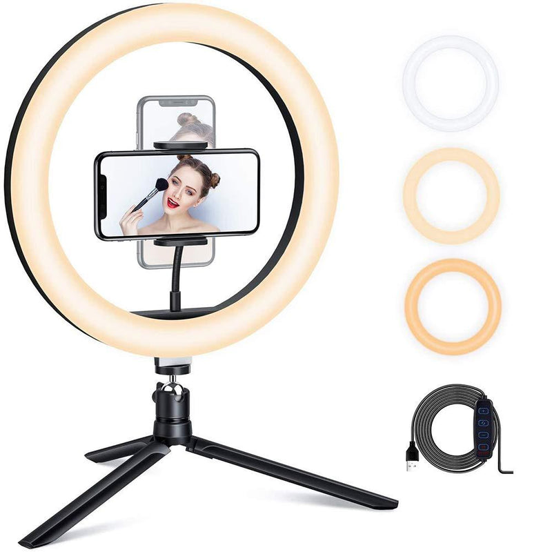 LED Ring Light 10" with Tripod Stand & Phone Holder for Live Streaming & YouTube Video, Makeup Ring Light, Dimmable Desk Makeup Ring Light for Photography, Shooting with 3 Light Modes