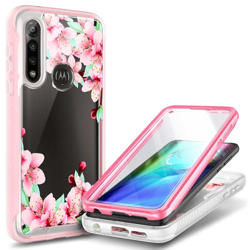 E-Began Moto G Power Case with [Built-in Screen Protector], Full-Body Shockproof Protective Bumper Cover, Impact Resist Durable Cute Case for Motorola G Power (2020) -Flower Design Peach Blossom Flower Design Peach Blossom