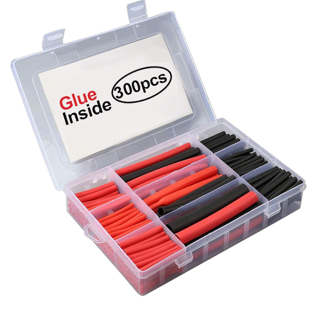 CrocSee 300pcs Heat Shrink Tubing Kit 3:1 Ratio Dual Wall Adhesive Lined, Waterproof Electrical Insulation Protection Marine Wire Cable Wrap Tube Assortment with Storage Case (Black & Red)