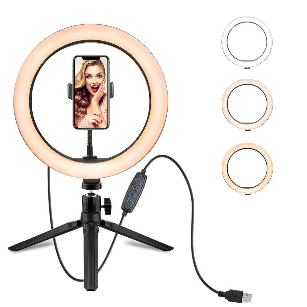 HNZHB LED Ring Light 10" with Tripod Stand and Flexible Phone Holder for YouTube Video & Streaming Desk Makeup Ring Light Dimmable for Cell Phone Camera 3 Light Modes & 10 Brightness Level