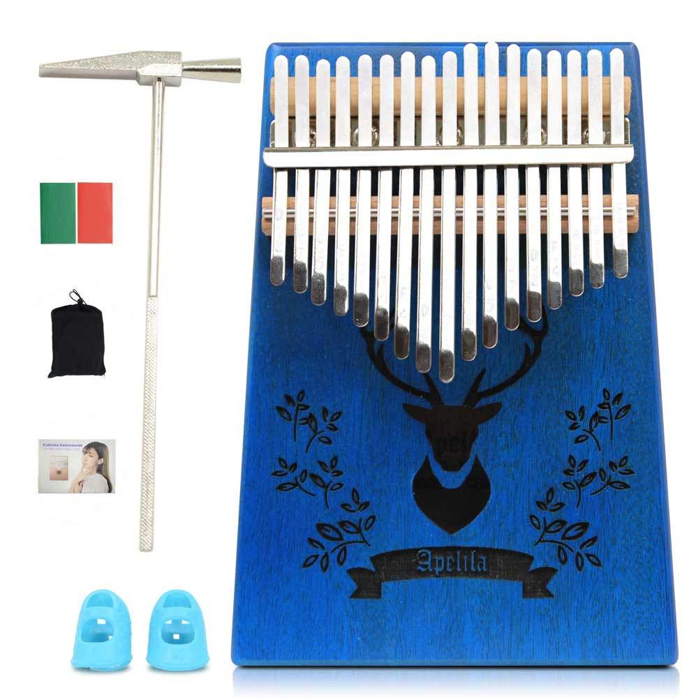 Apelila 17 Key Kalimba Thumb Piano, Solid Mahogany Wood Body Finger Piano with Tune Hammer,Carry Bag,Pickup,Key Stickers (Blue Deer) Blue Deer