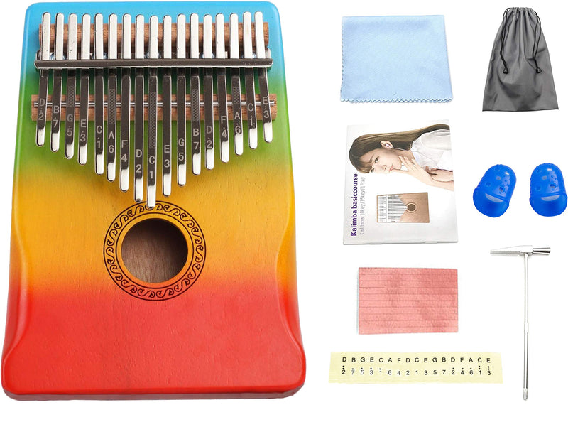Rainbow Kalimba African Thumb Finger Piano 17 Keys Mbiro with Mahogany Wooden with Study Instruction Songbook, Bag, Hammer for Children Adult Music Lover Festival New Year Gift Beginners