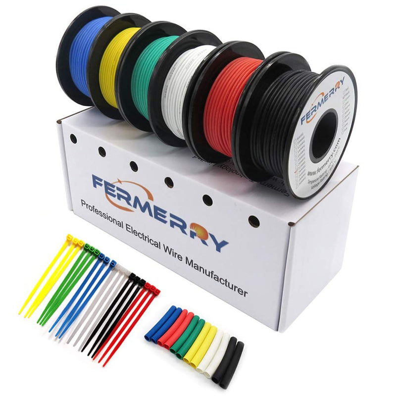 Fermerry 18 AWG Stranded Wire Spool 25ft Each 6 Colors Flexible 18 Gauge Silicone Hook up Wire Kit Electrical Tinned Copper Wire 6 colors each 25ft 18AWG