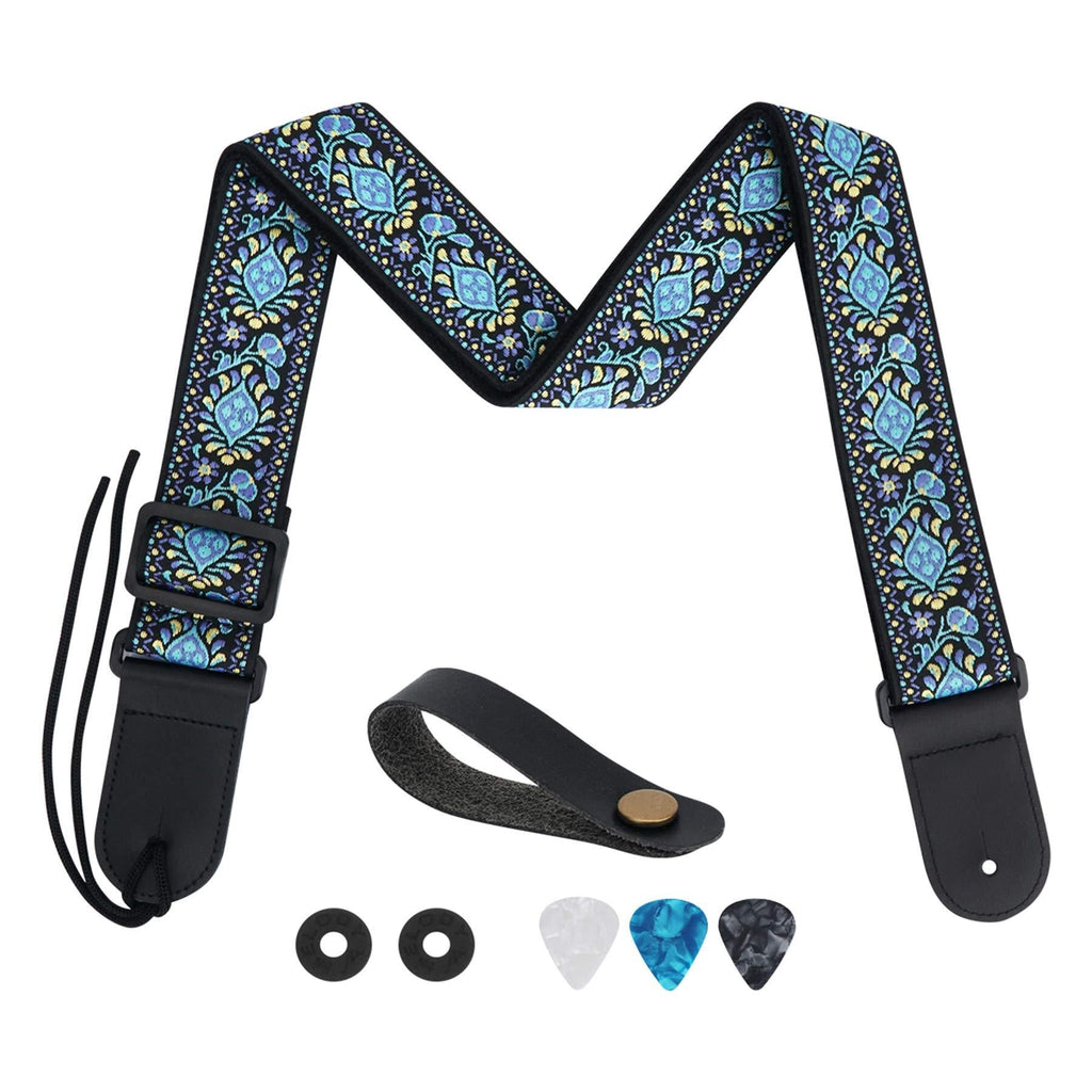 Tifanso Guitar Strap Jacquard Weave Guitar Strap with Genuine Leather Ends - Soft Adjustable Acoustic Guitar Strap for Electric Bass, Come With Strap Button, 1 Pair Strap Locks and 3 Guitar Picks Blue Jacquard Weave