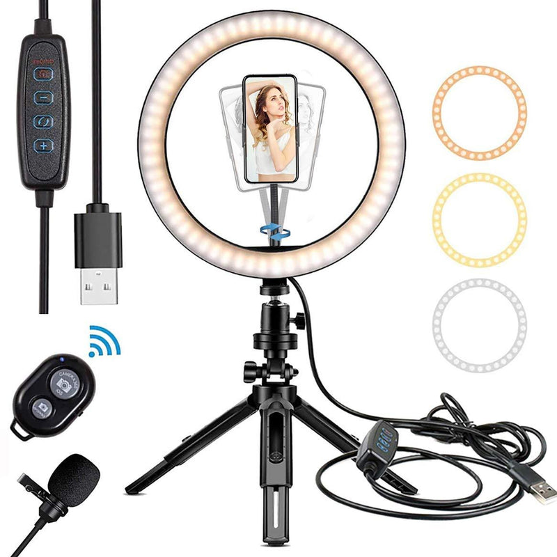 LED Ring Light with Mic, 10" 10 Brightness Dimmable Ringlight with White/Soft/Warm 3 Light Modes for Makeup Selfie YouTube TikTok Live Streaming Record Videos