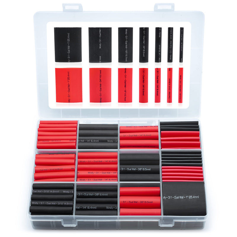 Wirefy Heat Shrink Tubing Kit - 3:1 Ratio Adhesive Lined, Marine Grade Shrink Wrap - Automotive Industrial Heat-Shrink Tubing - Black, Red 200 PCS