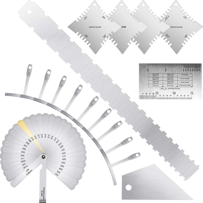 17 Pieces Guitar Luthier Tools Set Guitar Radius Gauge, String Action Ruler Gauge, Feeler Gauge, Guitar Notched Radius Gauges, Guitar Neck Notched Straight Edge, Fret Rocker for Electric Guitar Setup