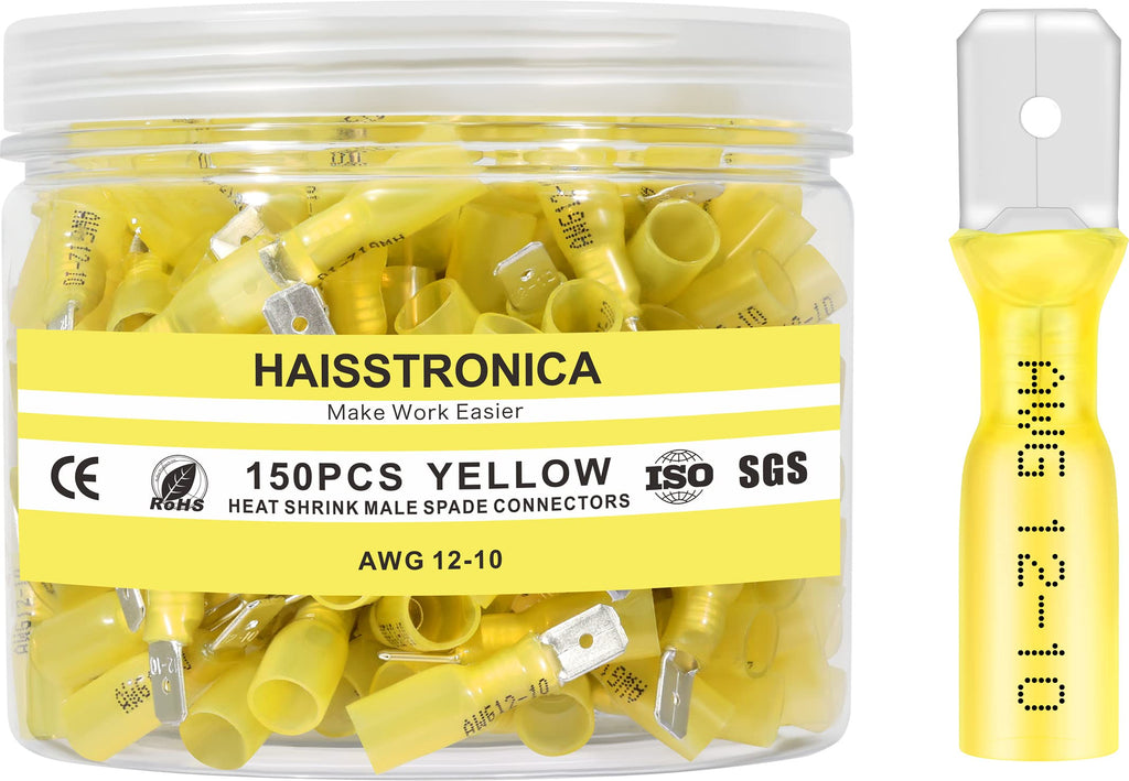 haisstronica 150PCS Yellow Heat Shrink Male Spade Connectors,AWG 12-10 Heat Shrink Male Spade Terminlas Kit,Electrical Quick Disconnect Wire Connectors AWG 12-10 Yellow Male 150PCS