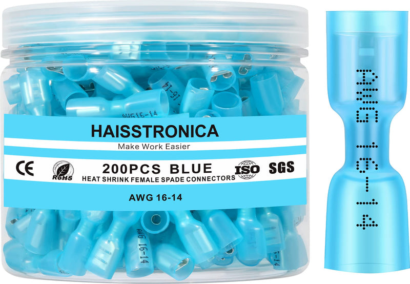haisstronica 200PCS Blue Heat Shrink Female Spade Connectors,AWG 16-14 Heat Shrink Female Spade Terminlas Kit,Electrical Quick Disconnect Wire Connectors AWG 16-14 Blue Female 200PCS