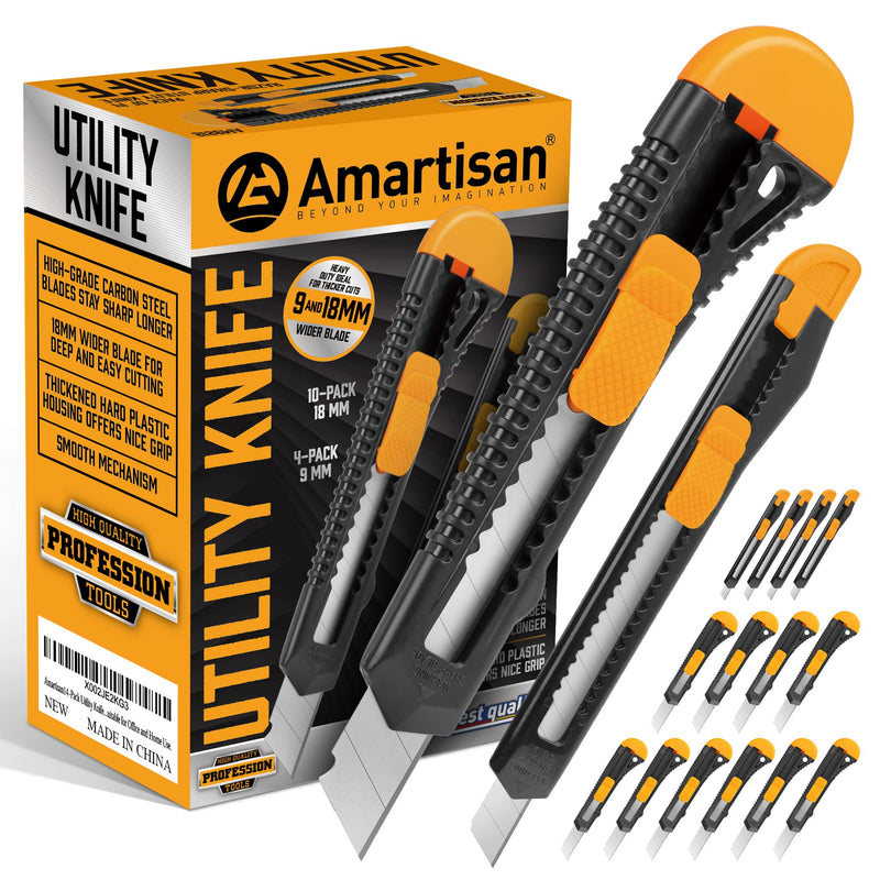 [AUSTRALIA] - Amartisan 14-Piece Retractable Box Cutter, Utility Knifes for Boxes, Cartons, Cardboard Cutting, 18mm & 9mm Wide Blade Cutter, Very Suitable for Office and Home Use. 
