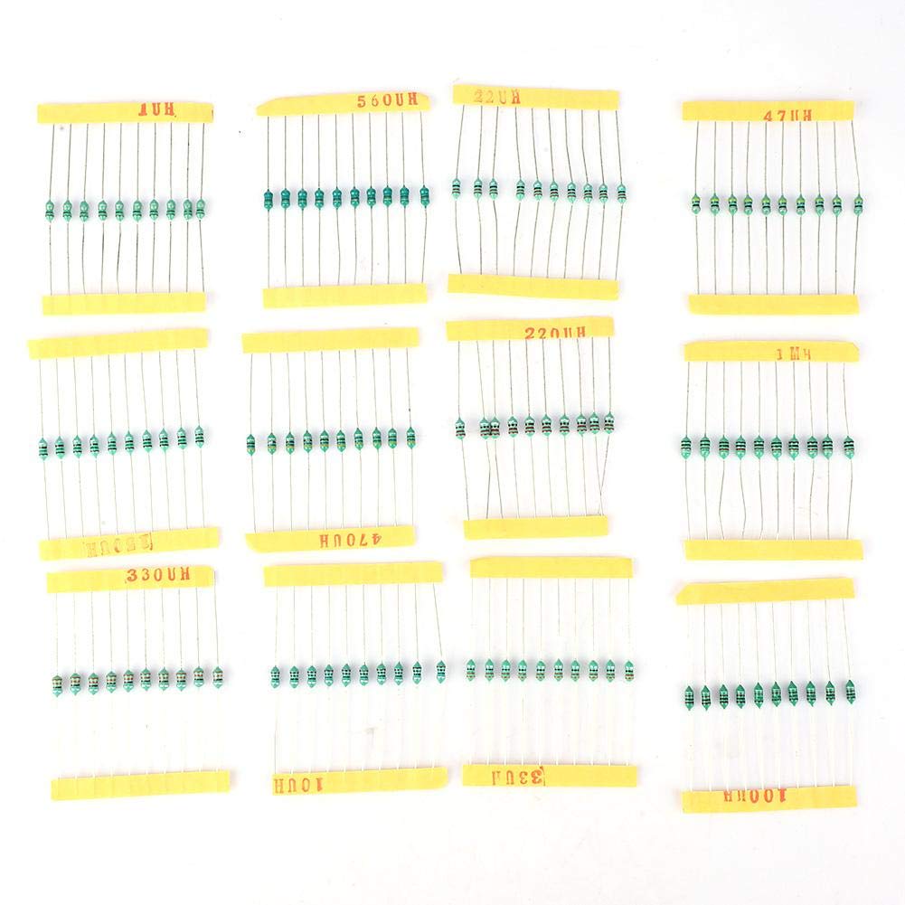 12 Values Inductor, DIP 1/4W Color Ring Choke Inductors Assorted Kit, 1UH 10UH 22UH 33UH 47UH 100UH 150UH 220UH 330UH 470UH 560UH 1MH(Total 120pcs/Each 10)