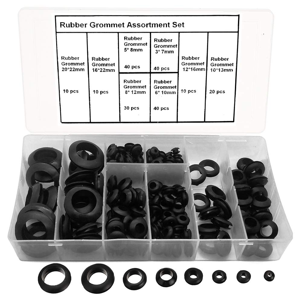 200Pcs Rubber Grommet Kit Electrical Wire Gasket Eyelet Ring Set Gasket Firewall,8 Sizes Hole Plug with Organizer for Automotive/Wire Plug/Cable Drilling/Motorcycle/PC Hardware/Piano Repair