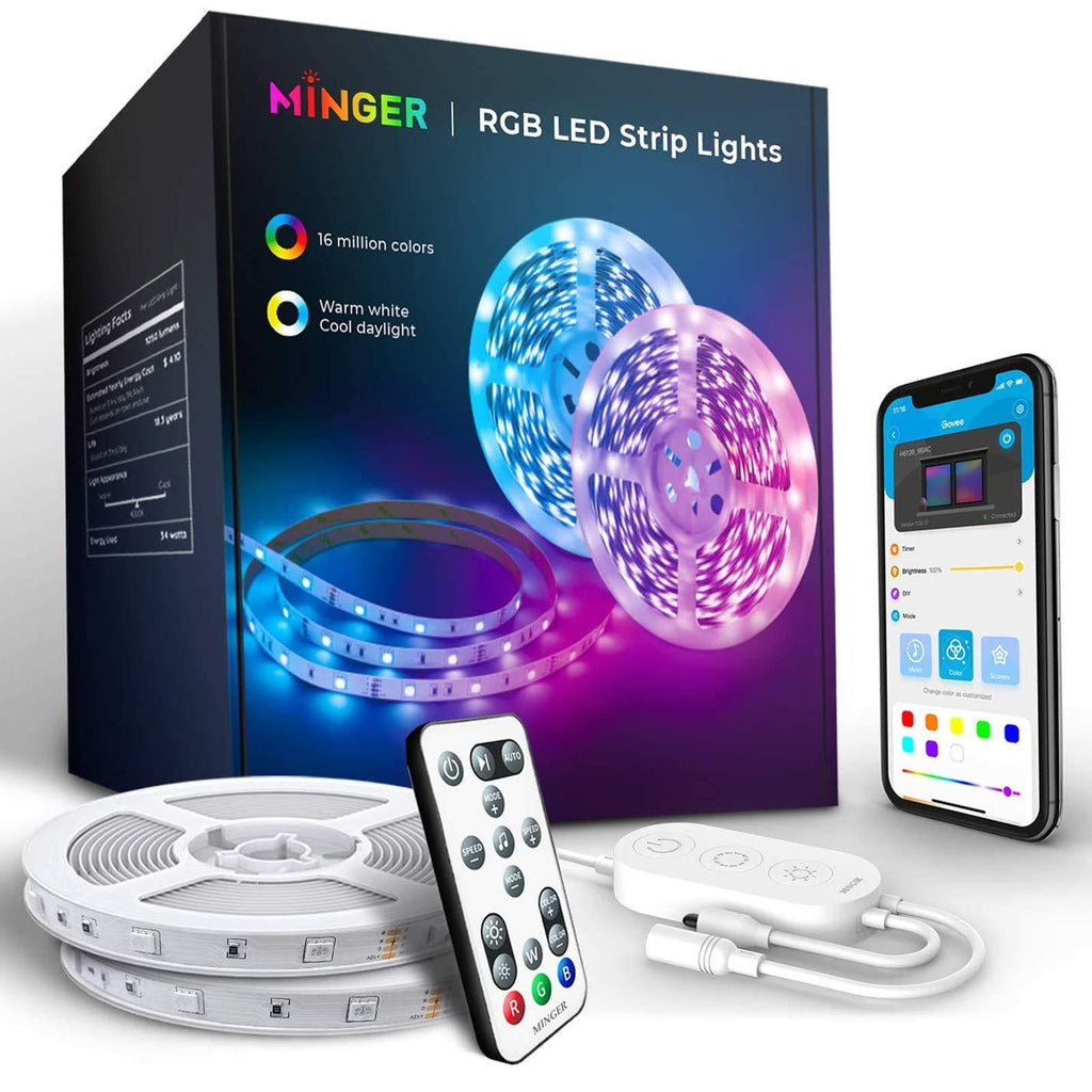 [AUSTRALIA] - MINGER Led Strip Lights 32.8ft, Bluetooth Color Changing Lights with App Control, Remote, Control Box, Music Sync Led Light Strips with 64 Scene Modes for Living Room, Bedroom, Kitchen, Bar, 2x16.4ft 