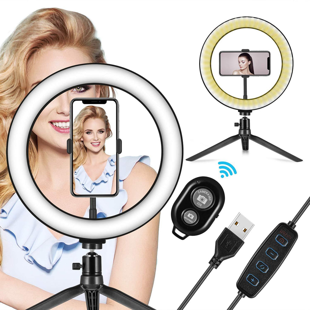 LED Ring Light 10" with Tripod Stand & Phone Holder - Dimmable Desk Makeup Ring Light for YouTube Video Live Stream Makeup Photography, USB Powered with 3 Light Modes & 10 Brightnes