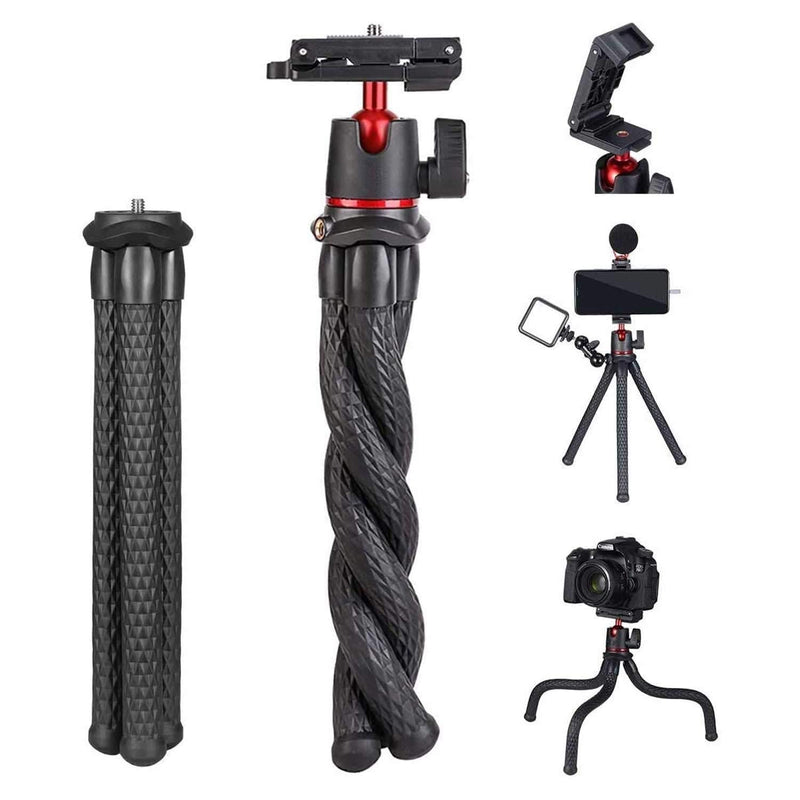 Camera Tripod, Mini Flexible Tripod Stand with Hidden Phone Holder w Cold Shoe Mount, 1/4'' Screw for Magic Arm, Universal for iPhone 11 Pro Max XS Max X 8 7 Samsung Canon Nikon Sony Cameras