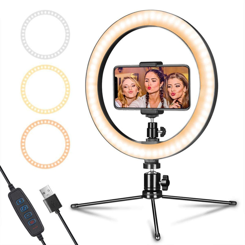 10" LED Selfie Ring Light Kit with 360° Rotating Phone Holder, 3 Color Modes, 10 Adjustable Dimmable Brightness, 18" Tripod Stand for YouTube/Live Stream/Video Shooting/Makeup/Photography 10inch