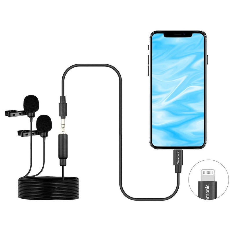 Saramonic LavMicro U1C Digital Dual-Head Lavalier Microphones Omnidirectional Lapel Mic with Lightning Plug Adapter Compatible with iPhone iPad iOS MAC for YouTube Video Facebook Live (20ft Cable)