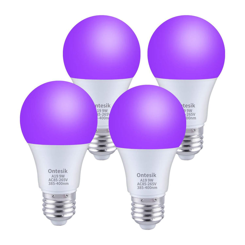 [AUSTRALIA] - Ontesik LED Black Lights Bulbs, 9W A19 E26 Bulb, 385-400nm, Light Bulb for Blacklight Party, Body Paint, Fluorescent Poster, Neon Glow (4 Pack) 