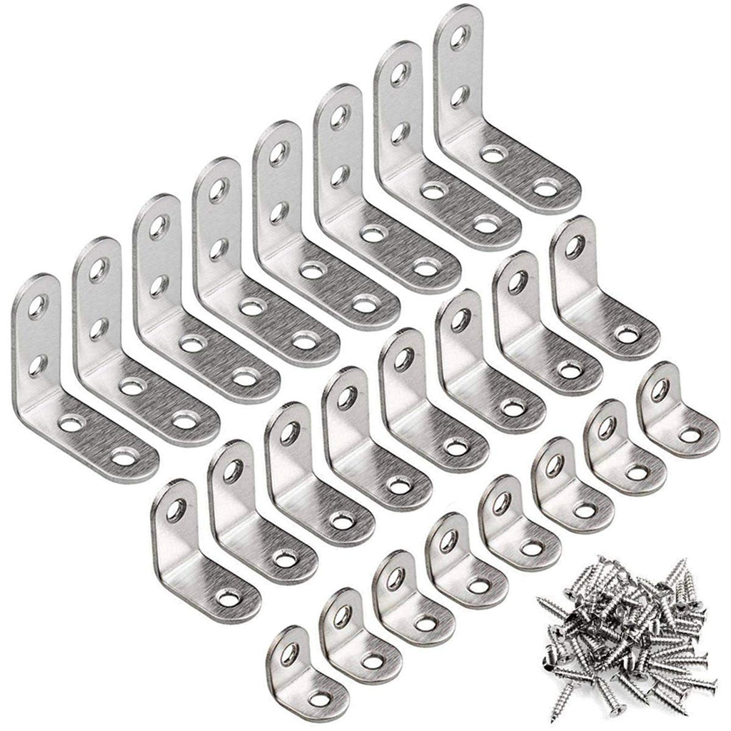 24 Pieces Stainless Stee L Bracket Three Sizes Corner Braces Joint Right Angle Bracket Fastener L Shaped Corner Fastener Joints Support Bracket, 64 Pieces Screws Included