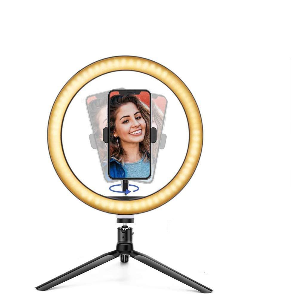 10inch LED Ring Light with Tripod Stand Phone Holder Bluetooth Receiver, Desk Makeup Selfie Ring Light Dimmable 3 Light Modes, 10 Brightness USB Standing Ring Light for Phone Make up Photography with small tripod