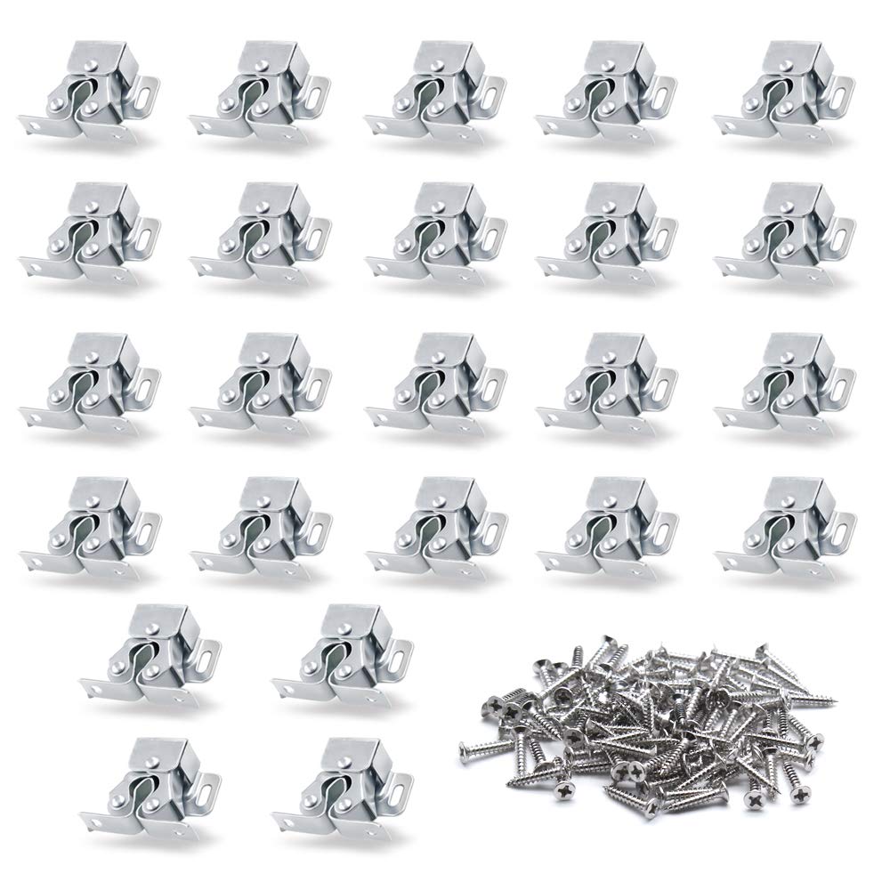 Luomorgo 24 Pack Double Roller Catch Cabinet Latches with Spear Strike for Cupboard Closet Door, Silver 24 Pieces