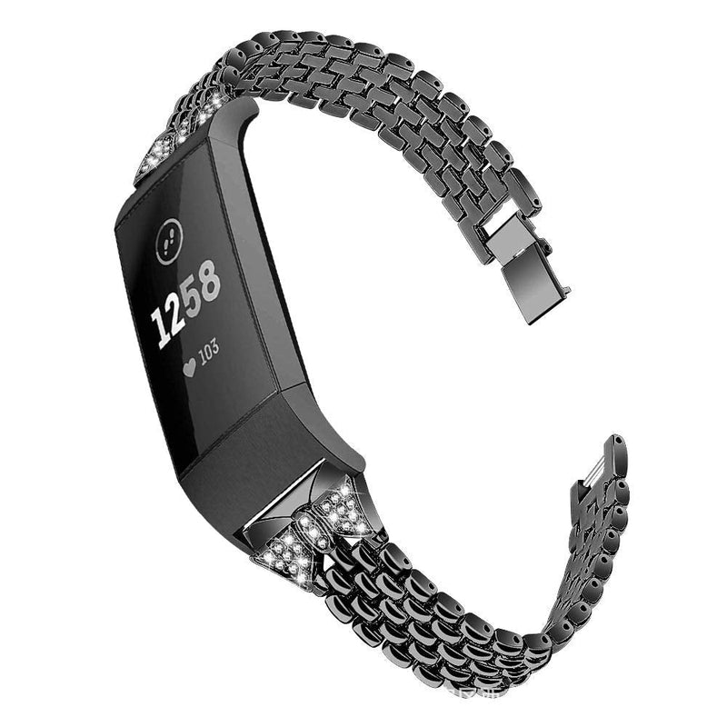 Mtozon Metal Bands Compatible with Fitbit Charge 4 & Charge 3 & SE, Women Replacement Stainless Steel Bling Bracelet Breathable Wristbands for Ladies，Black Black