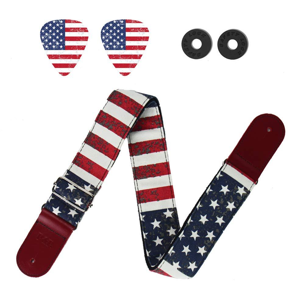 Guitar Strap,Qielizi Guitar Strap with Leather End Length Adjustable 2 Pick Holders & 2 Matching Picks For Electric Guitar, Acoustic Guitar and Bass - Unique Gift For Guitarist (1-American Flag) 1-American Flag