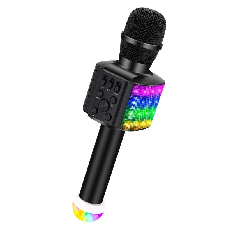 BONAOK Kids Wireless Bluetooth Karaoke Microphone with Colorful Lights & USB Disco Light, 4 in 1 Portable Karaoke Machine for Christmas Home Party (Black) Black