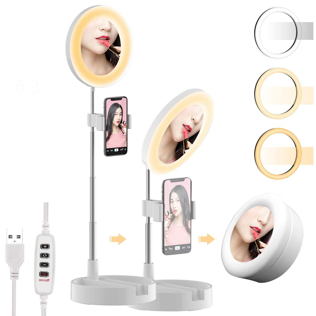 USB 6.3'' Portable Ring Light 3 Color Modes and 10 Brightness Foldable Makeup Light with Mirror, Stand and Phone Holder for Vlogging YouTube Video Shooting Make up (White) White