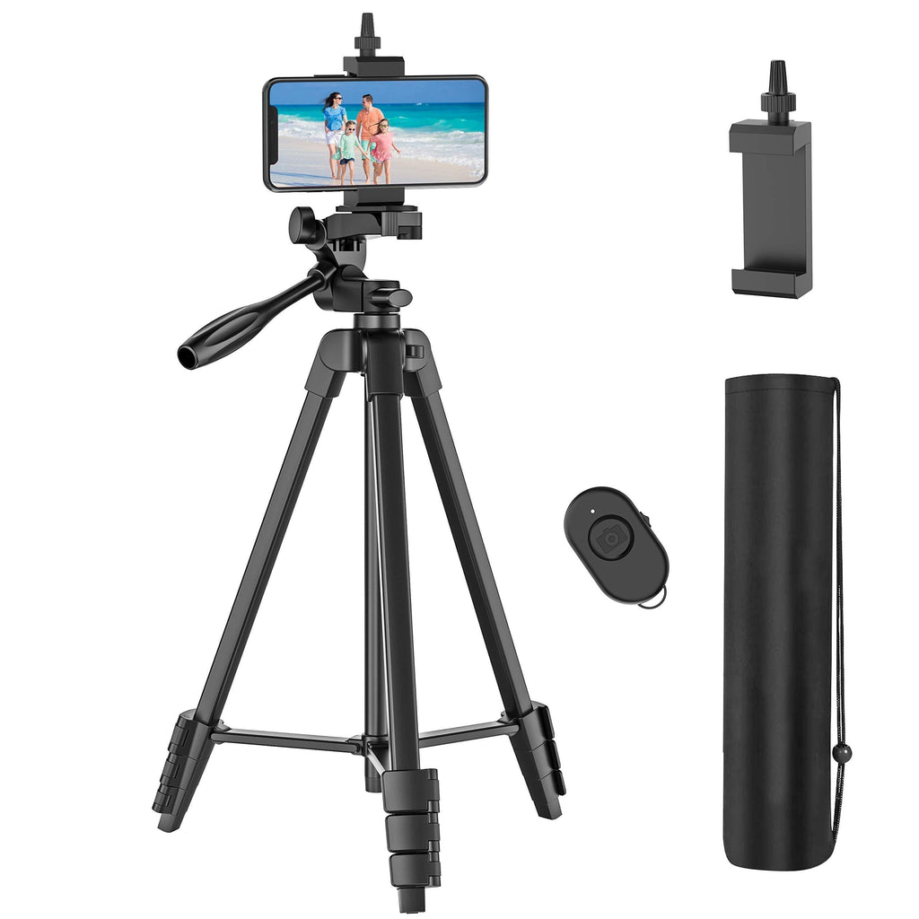 54" Cell Phone Tripod with Rechargeable Remote, Aluminum Lightweight Travel Camera Tripod with Extendable Tripod Stand, Phone Holder and Carry Bag, for Cellphones/GoPro/DSLR Cameras