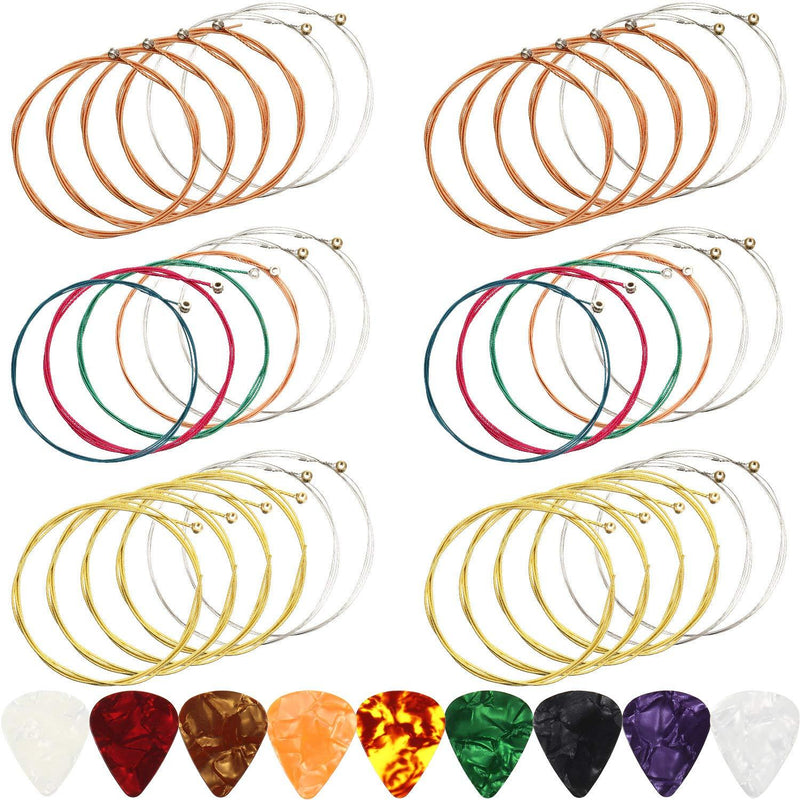 6 Sets Acoustic Guitar Strings Replacement Steel Guitar Strings Gold/Brass/Multicolor Guitar String with 9 Pieces Celluloid Guitar Picks in 3 Sizes for Electric Acoustic Guitar Beginners Performers