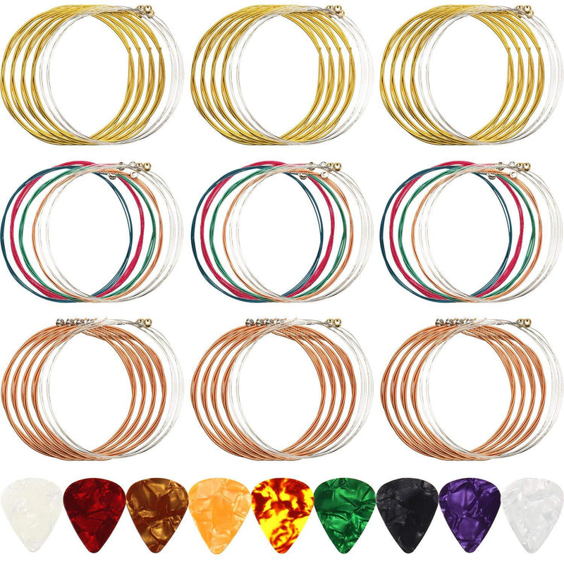 9 Sets Acoustic Guitar Strings Replacement Steel Guitar Strings (Gold, Brass, Multicolor) with 9 Pieces Celluloid Guitar Picks 3 Sizes for Electric Acoustic Guitar Beginners Performers
