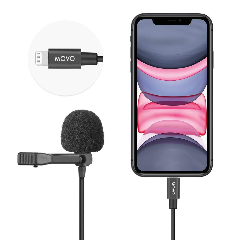 Movo iLav Digital Lavalier Omnidirectional Clip on Microphone with MFi Certified Lightning Adapter - Works with iOS Devices - Lapel Interview Mic for iPhone, iPad, MacBook and More